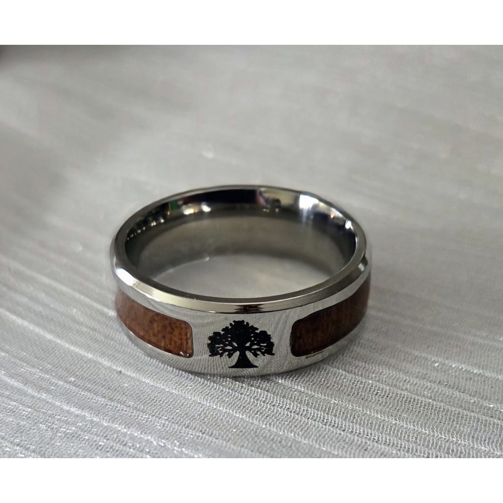 Stainless Steel Wide Band Ring Acacia‎ Tree Silver Tone Faux Wood Men's Size 11